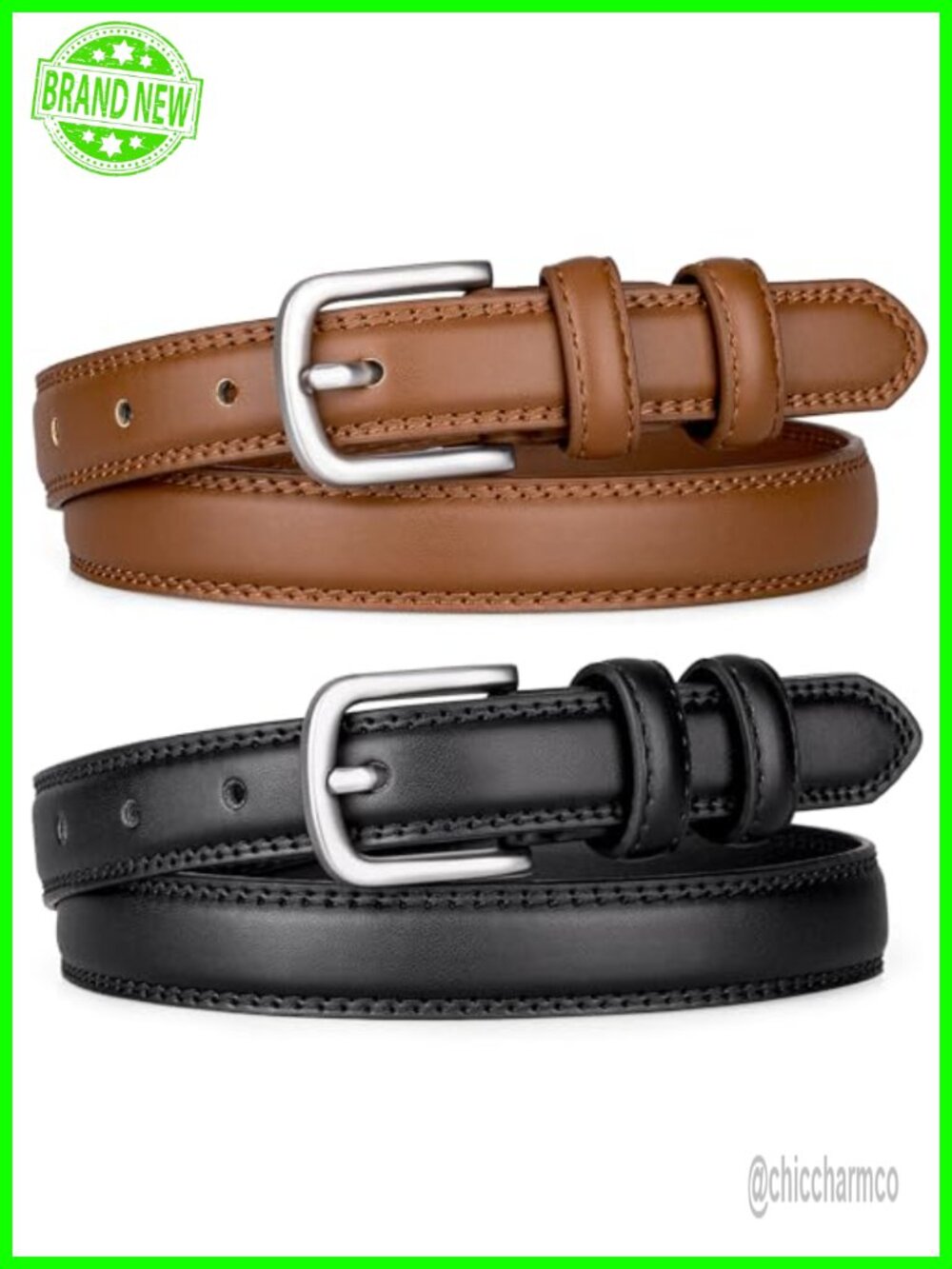2 Pack Faux Leather Belts for Women Silver-Tone Buckle Adjustable